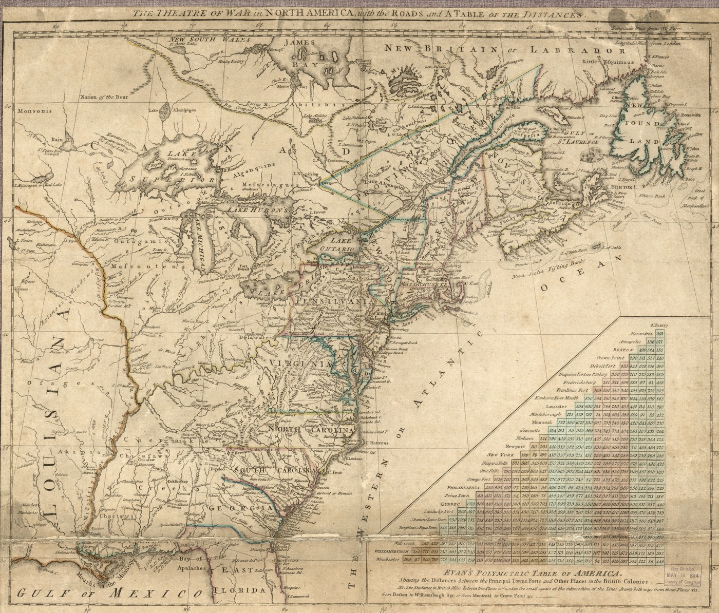 Hand-colored map of eastern North America in 1776, from Labrador and Newfoundland to Florida and Louisiana, with the British colonies outlined and a triangular table of distances in the Atlantic.