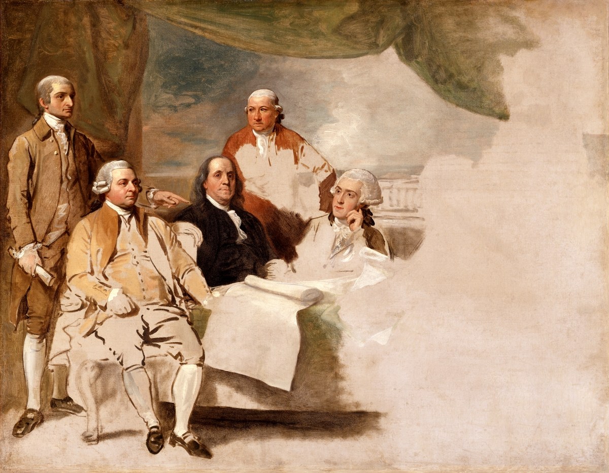 Unfinished oil sketch of five men in eighteenth-century dress grouped on the left; the right half of the canvas is left bare.