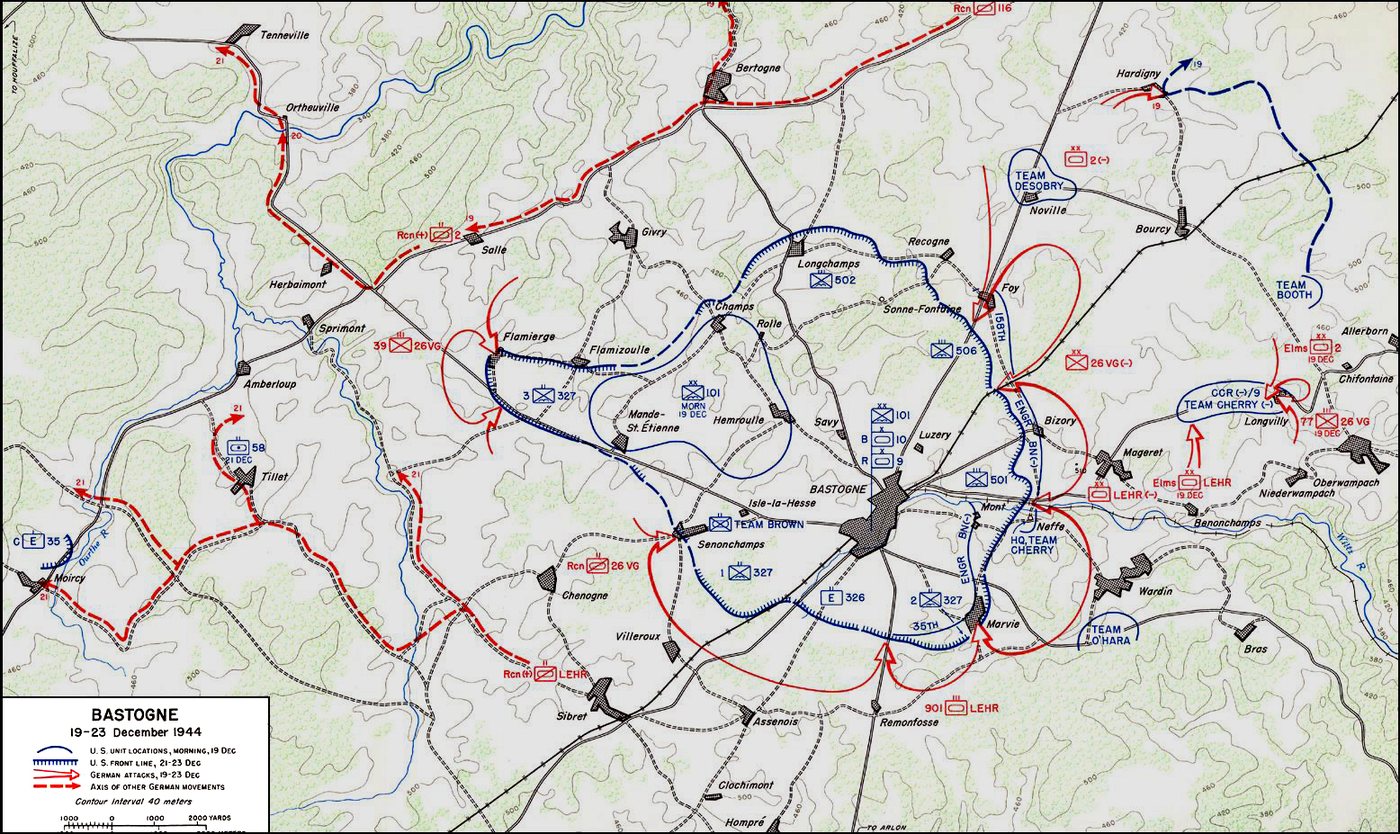 Military map of the Bastogne perimeter with American positions ringed by German attack arrows