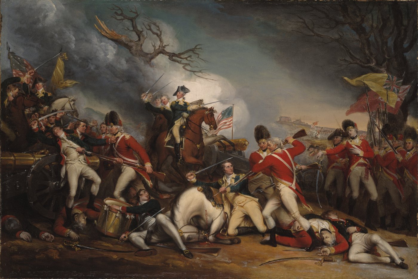 Painting of the Battle of Princeton with the wounded General Mercer beside his fallen horse and Washington riding up behind