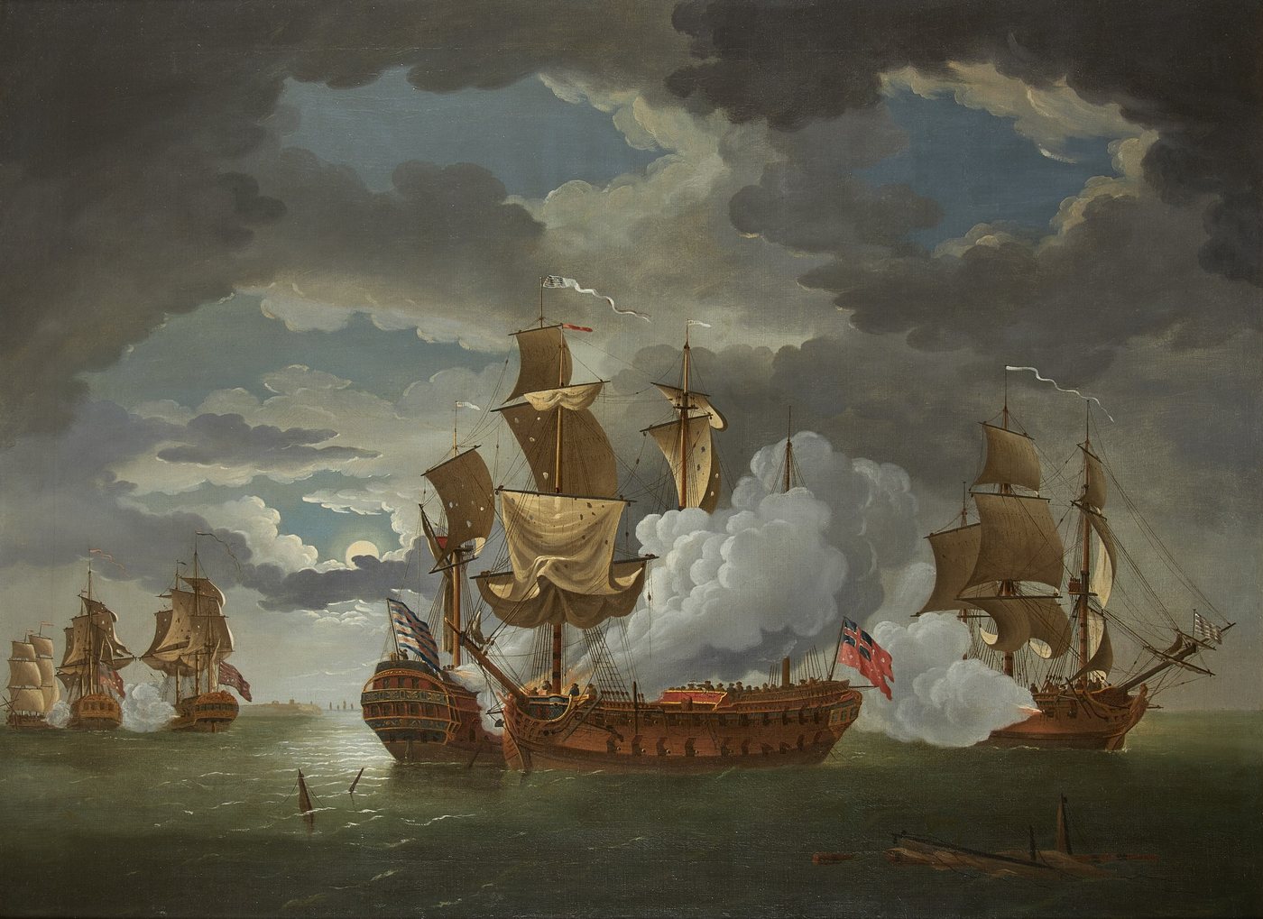 Painting of two sailing warships firing broadsides at close range under a moonlit, smoky sky