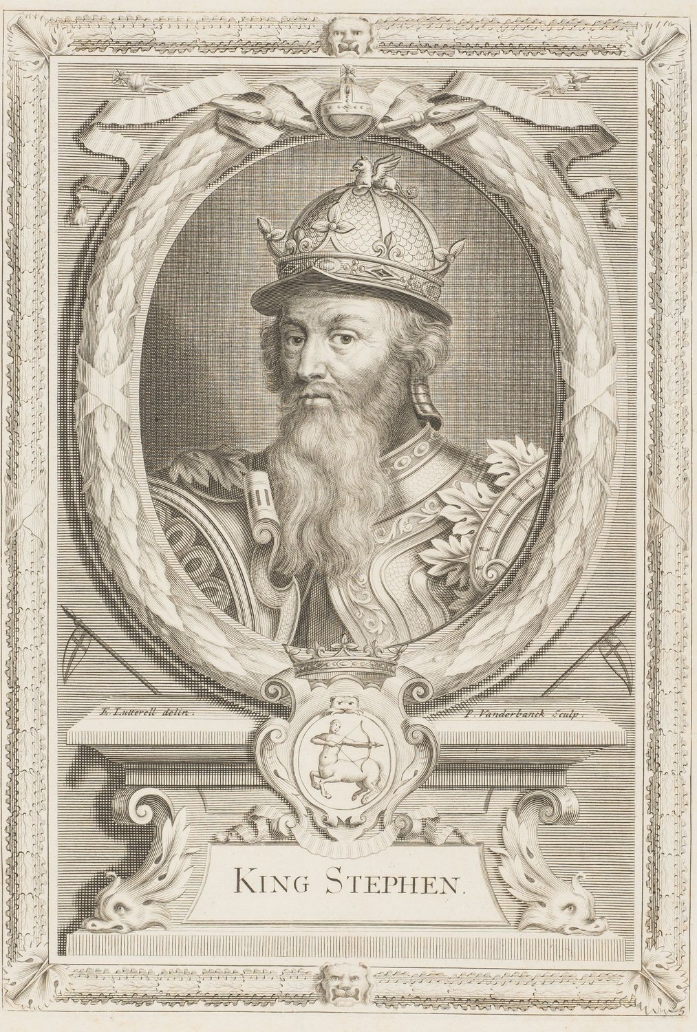 Engraved portrait of a bearded king in a crowned helmet and armor inside an oval wreath, with the caption King Stephen.
