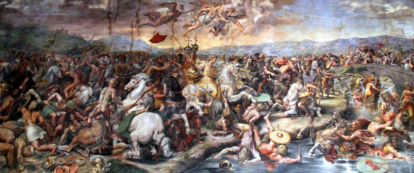 Renaissance fresco of a crowded cavalry battle by a river