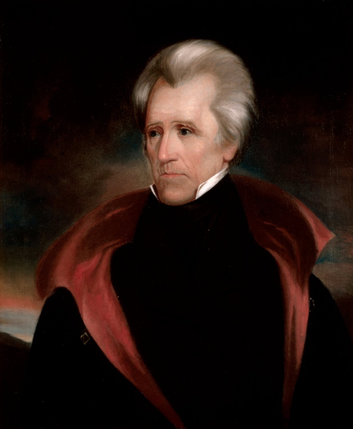 Oil portrait of an elderly Andrew Jackson with swept-back white hair and a dark cloak lined with red