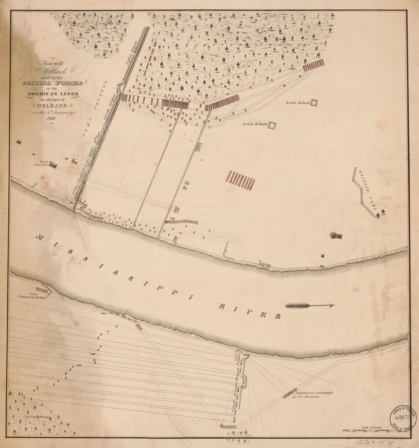 Hand-drawn 1815 battle plan with the Mississippi River, the American defensive line and British columns