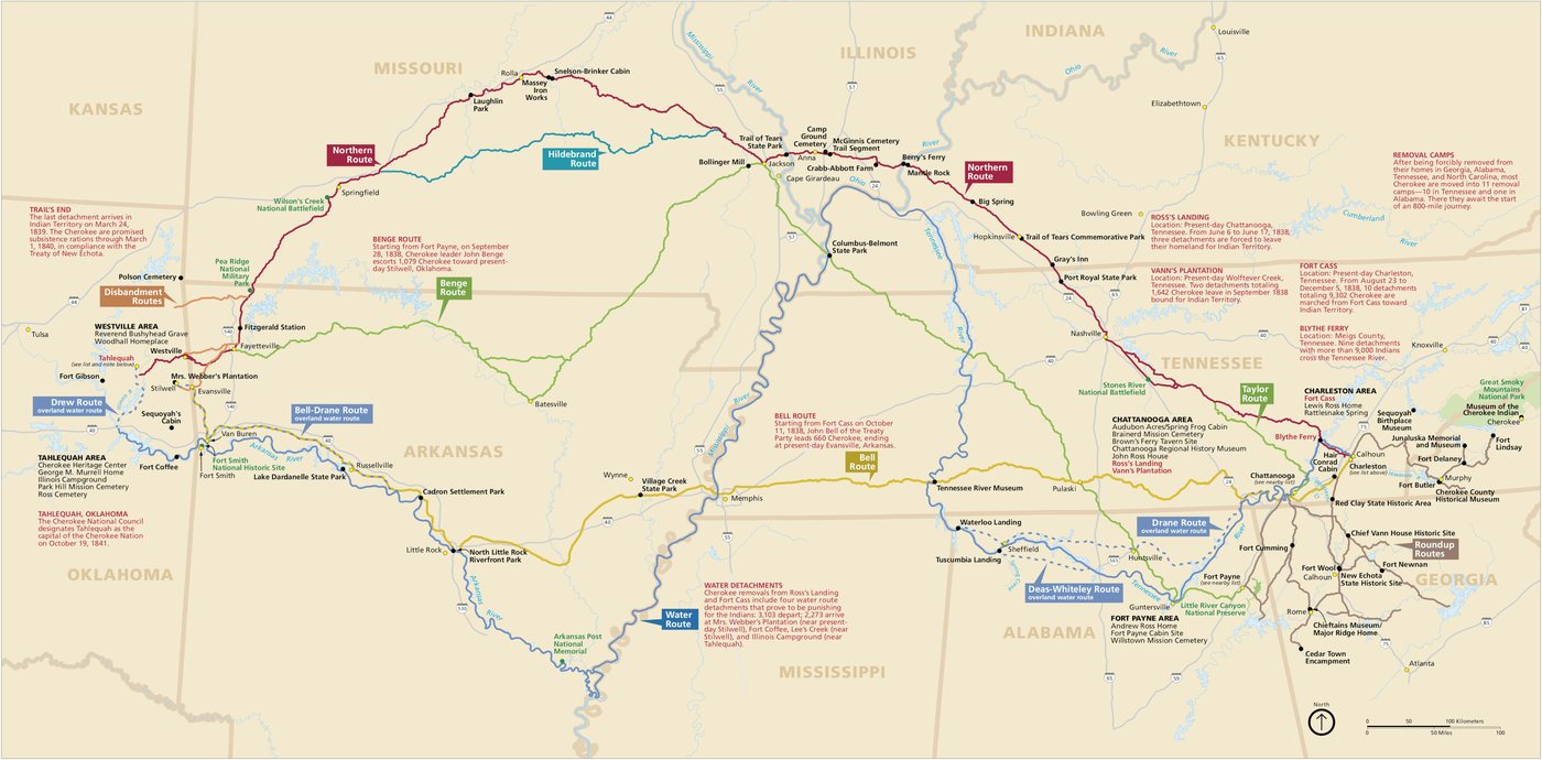 Map of the southern United States showing the land and water routes of the Trail of Tears to Oklahoma
