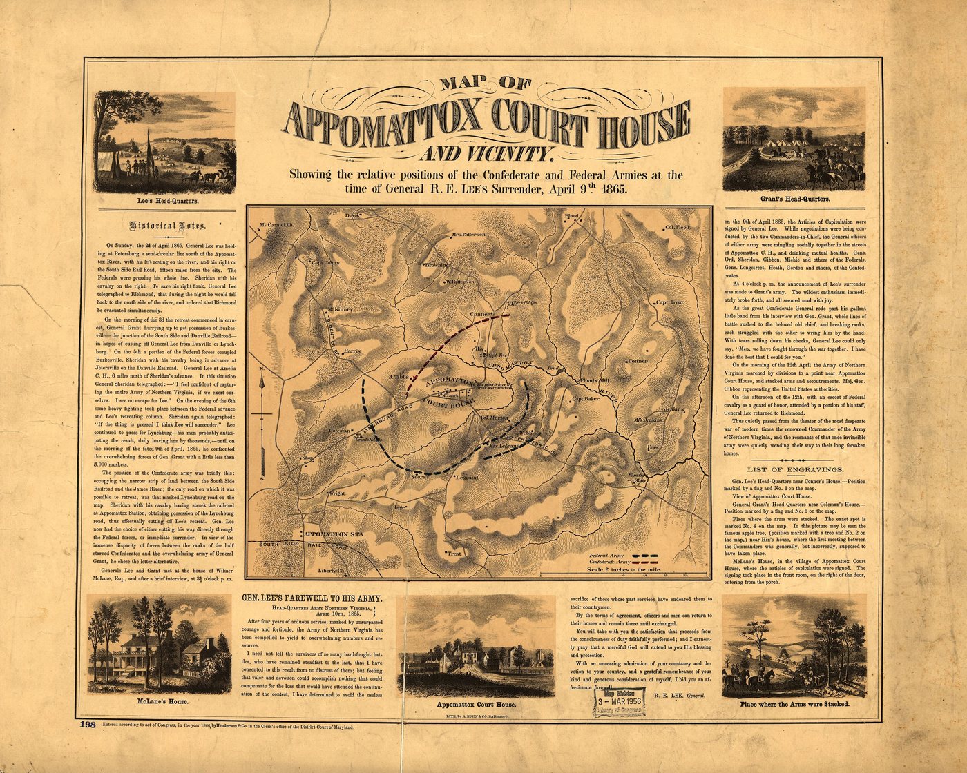 Ręcznie kolorowana mapa z 1866 roku wioski Appomattox Court House z zaznaczonymi liniami obu armii, otoczona notami historycznymi i małymi rycinami