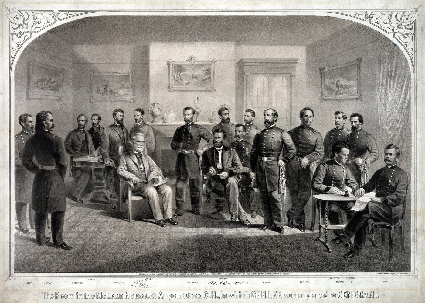 Litografia salonu: Robert E. Lee siedzi po lewej, Ulysses S. Grant pośrodku, wokół stoją oficerowie Unii