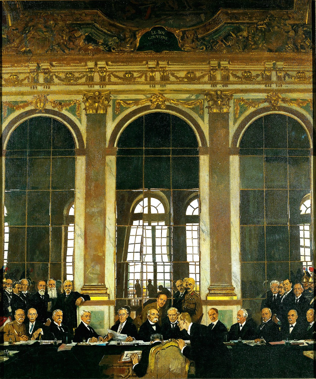 Oil painting of a long table of statesmen in dark suits and uniforms seated beneath tall arched mirrors and gilded decoration, while a delegate leans over the table to sign