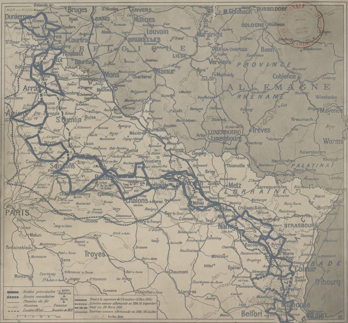 Printed French map of north-east France, Belgium and the Rhineland with several bold lines running from the North Sea coast near Dunkirk to the Swiss border near Basel, and a legend in the lower left corner
