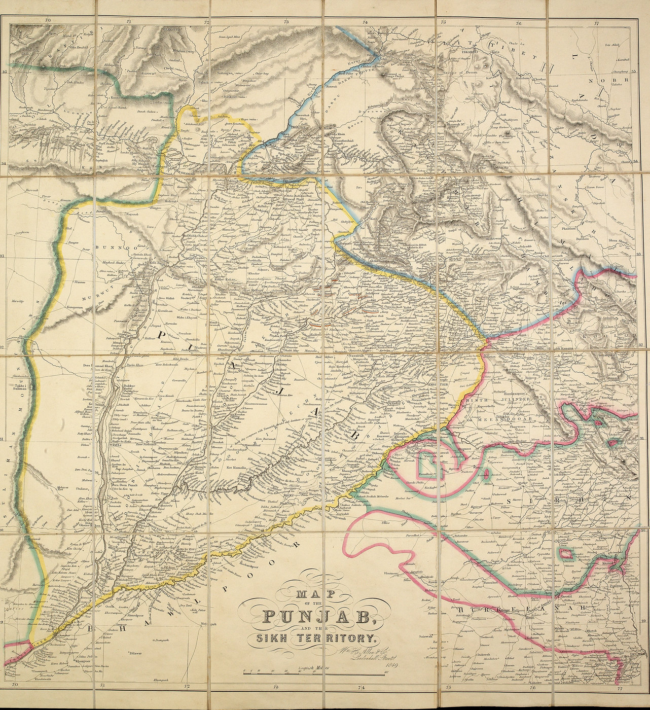Ręcznie kolorowana składana mapa Pendżabu z kolorowymi liniami granic, rzekami spływającymi z gór na północy ku południu, gęstą siecią nazw i tytułem Map of the Punjab and the Sikh Territory w prawym dolnym rogu.