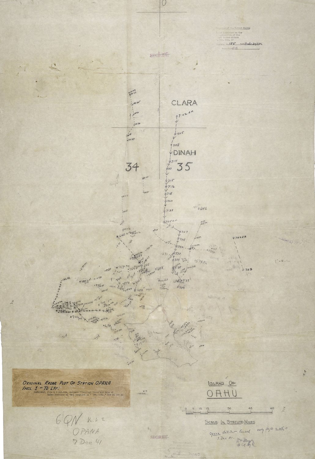 Hand drawn radar plot on tracing paper showing timed tracks of aircraft converging on the outline of Oahu from the north
