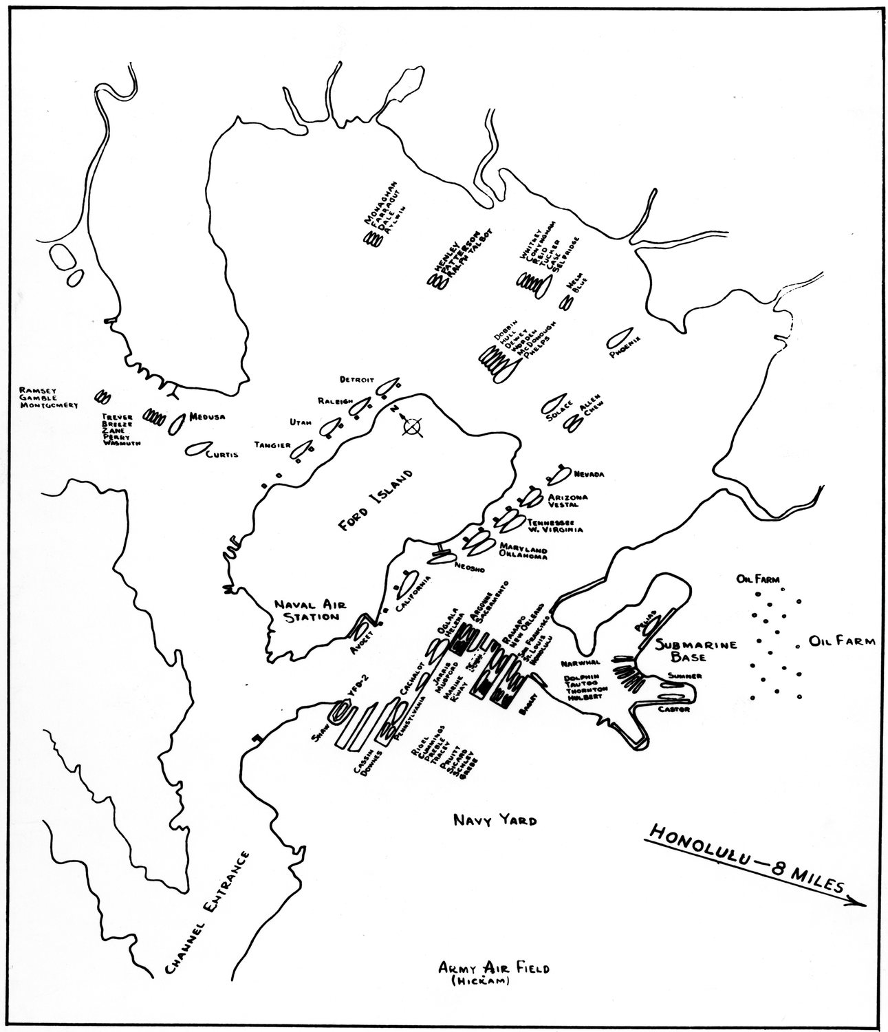 Black and white chart of Pearl Harbor with ship silhouettes labeled around Ford Island