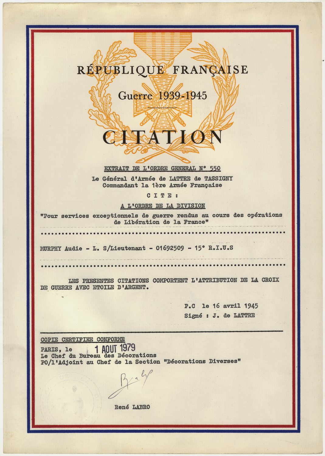 French army citation document headed République Française with a printed medal at the top
