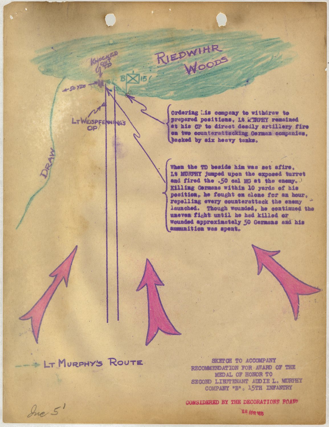 Hand-drawn army sketch map with the Riedwihr woods, arrows for the German attack and typed notes on Murphy's actions