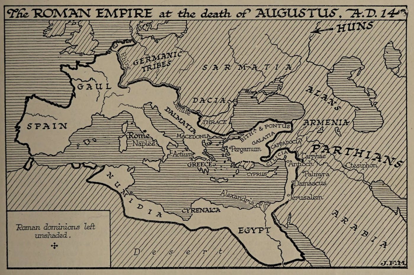 Black and white map of the Roman Empire around the Mediterranean with Parthians and Germanic tribes beyond its borders