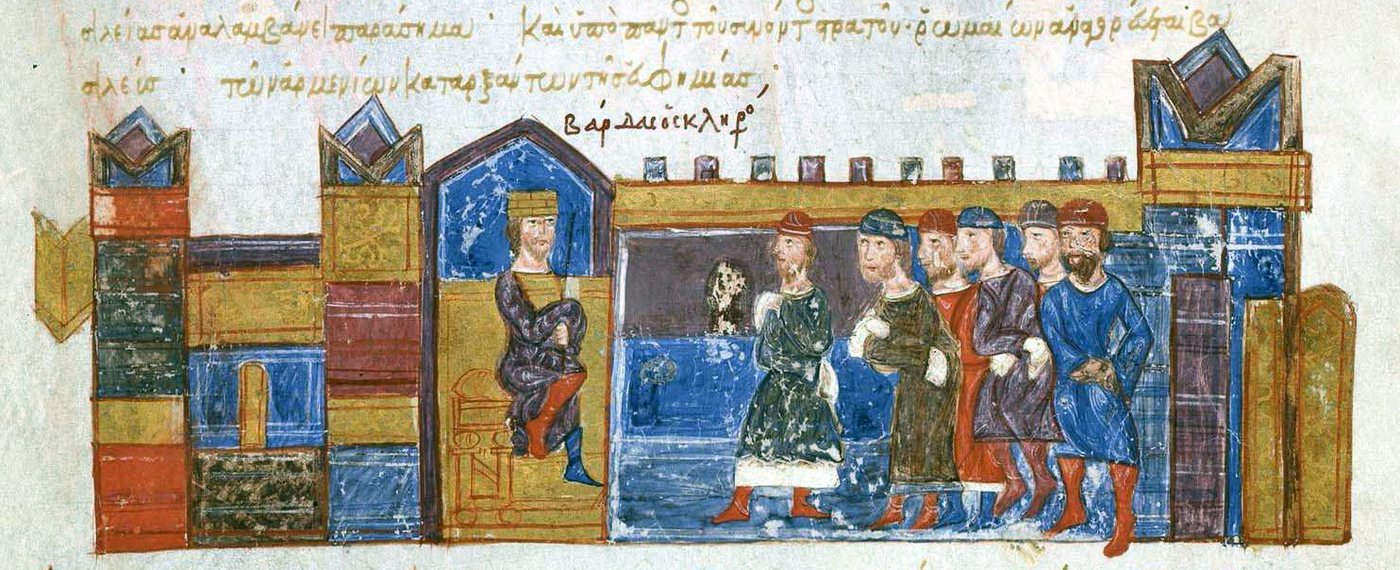 Byzantine manuscript miniature of a crowned rebel enthroned in a palace receiving a group of officials