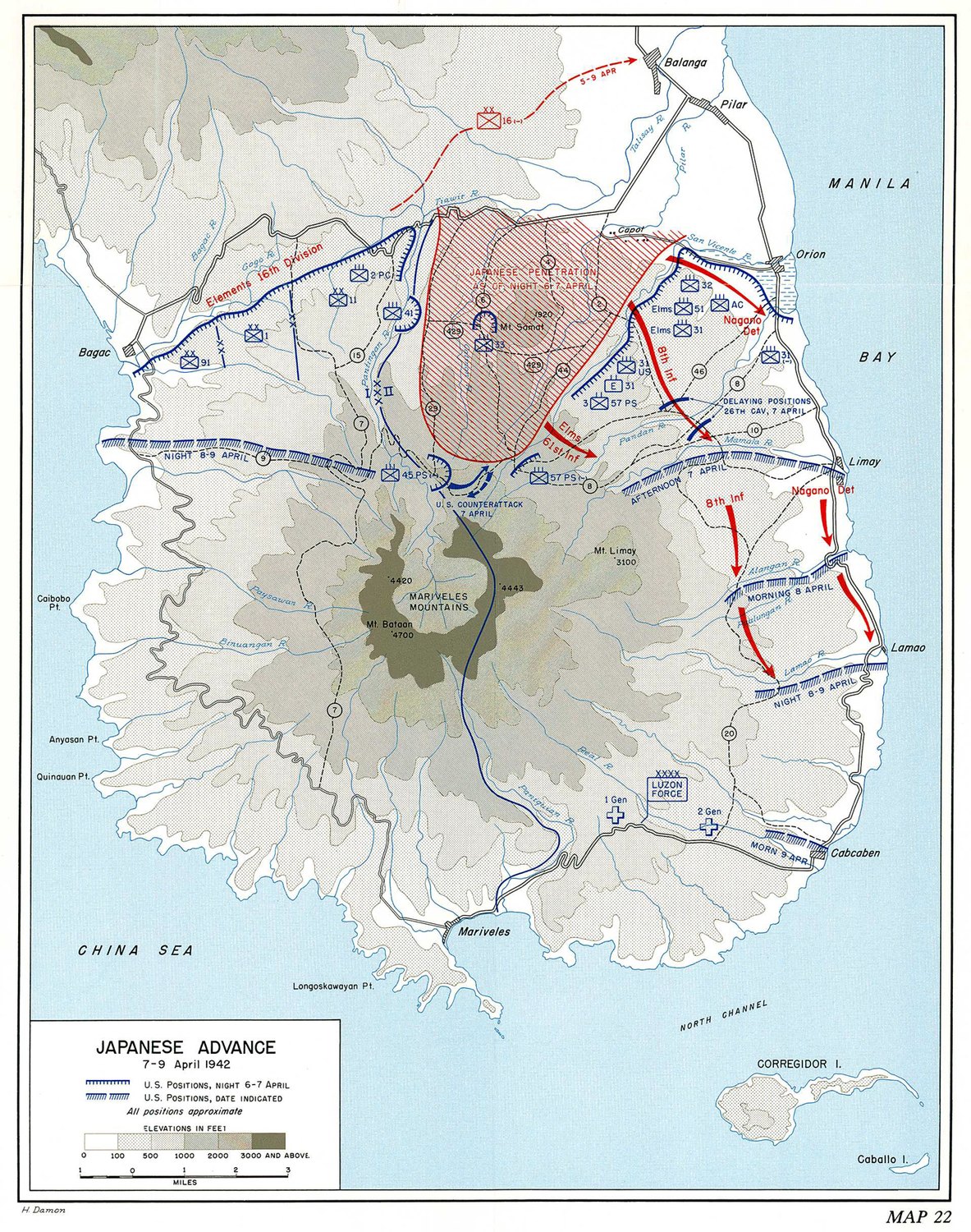 Colored relief map of southern Bataan with a red hatched area of Japanese penetration around Mount Samat, red arrows driving south along the Manila Bay coast towards Lamao and blue lines of retreating defensive positions dated 6 to 9 April