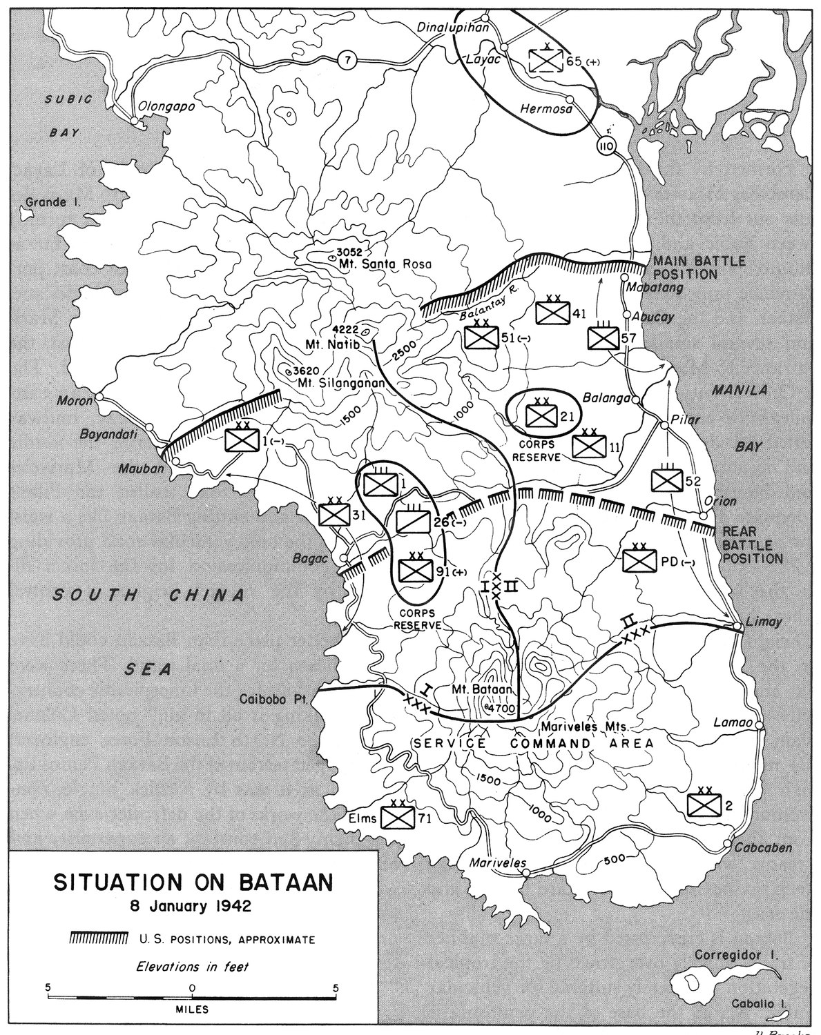 Black and white map of the Bataan peninsula with hatched lines for the main battle position from Mabatang and Abucay across Mount Natib to Mauban, a rear battle position from Orion to Bagac, division symbols, and a Japanese brigade near Layac in the north