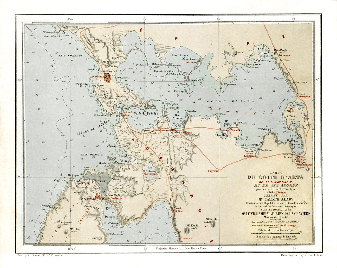 Coloured 19th-century chart of the Gulf of Arta with Actium at its narrow mouth