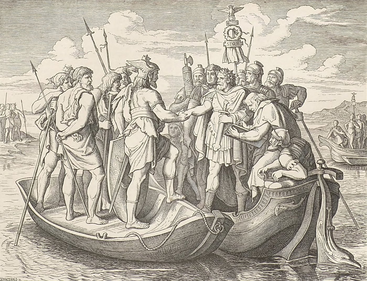 Black and white woodcut of two boats meeting on a river: a bearded Gothic chief in a winged helmet clasps hands with a Roman emperor in a laurel wreath, surrounded by spearmen, legionaries and a scribe writing in a book