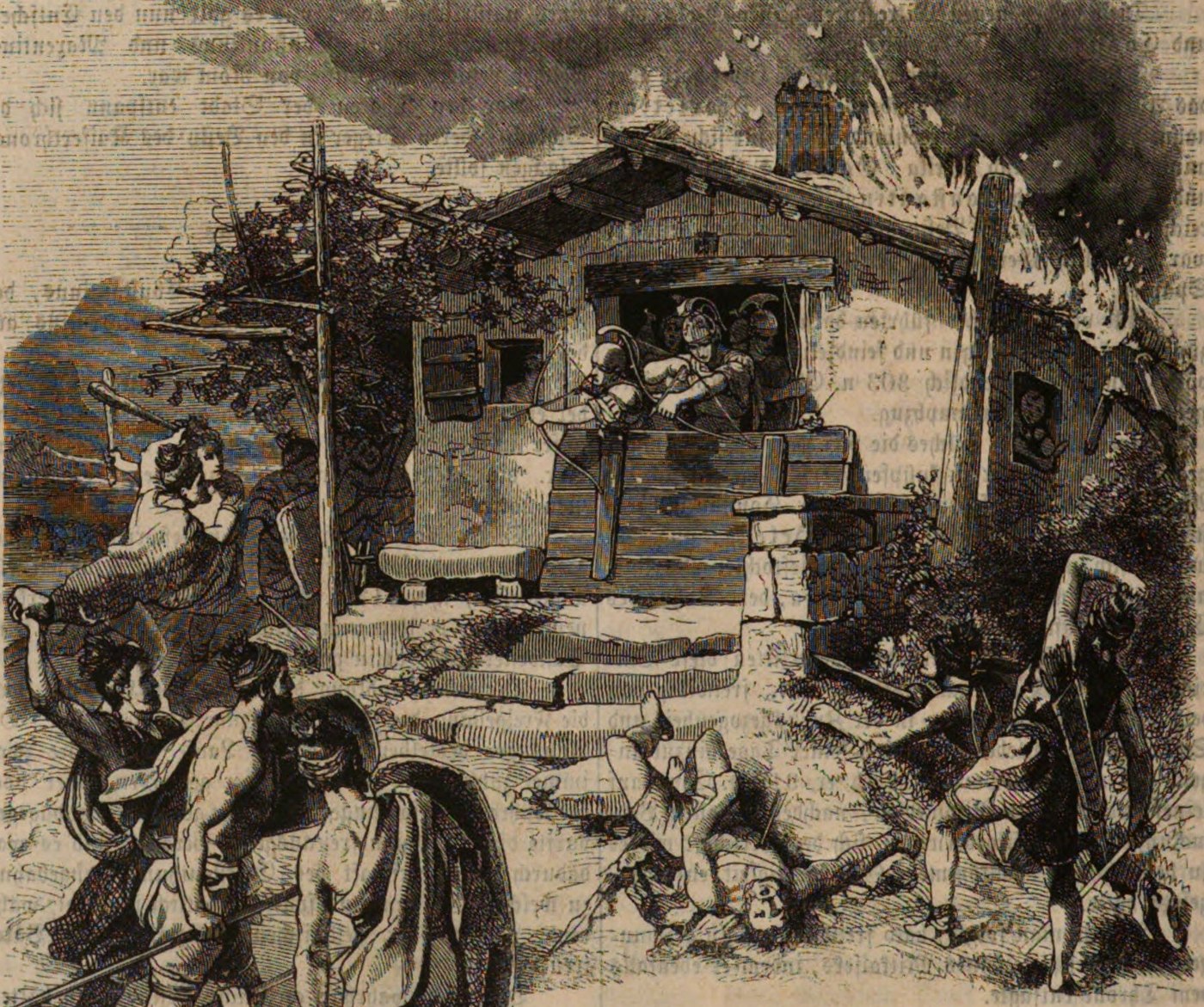Old book engraving of a burning wooden farmhouse: Roman soldiers shoot arrows from a window while barbarian warriors with clubs, spears and torches attack, and a fallen man lies on the ground before the steps