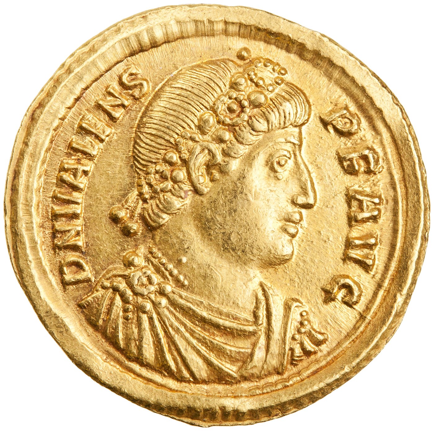 Gold coin showing the profile bust of a Roman emperor facing right, wearing a pearl diadem and a cloak with a jeweled brooch, with the Latin legend D N VALENS P F AVG around the edge