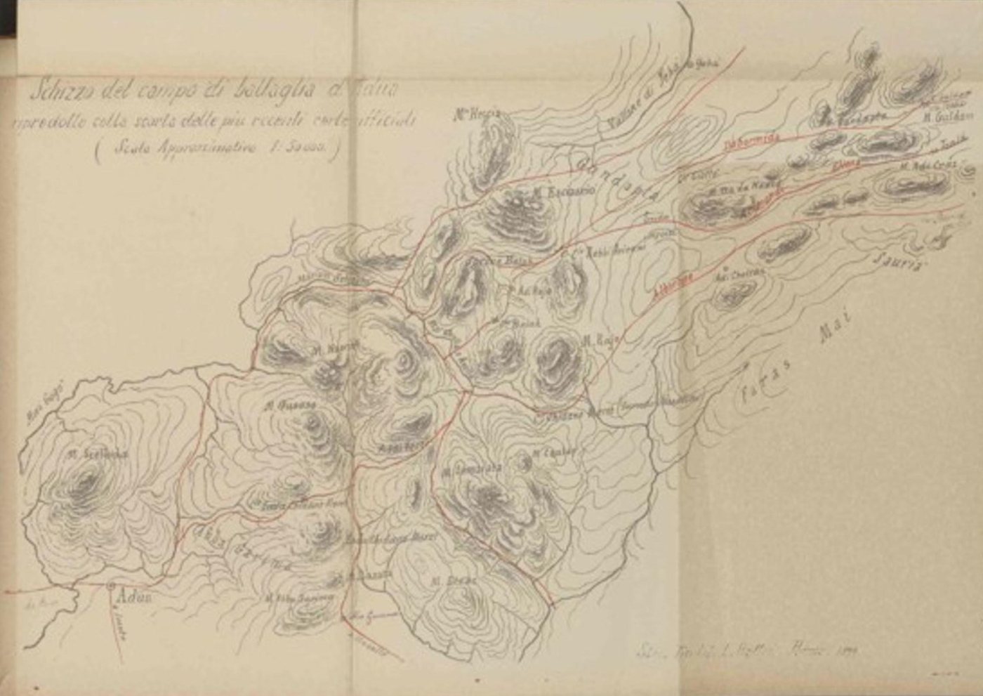 Faded 19th-century sketch map of mountains and valleys around the town of Adwa