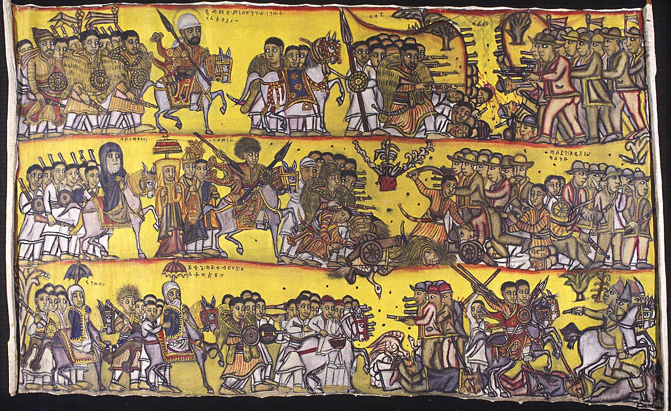Colourful Ethiopian painting in rows showing mounted warriors, soldiers with rifles and cannon