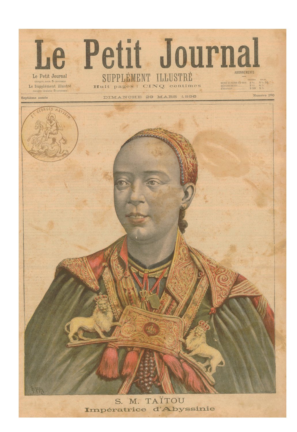 Colour newspaper cover with a portrait of an Ethiopian empress in a headdress and cape