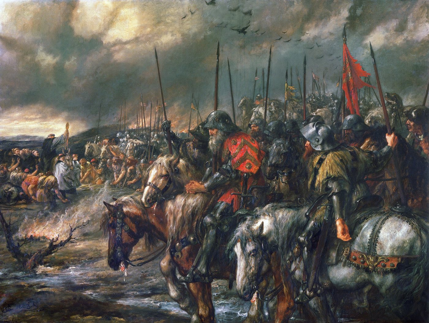Painting of armoured English soldiers and knights massed on a muddy field under a stormy sky