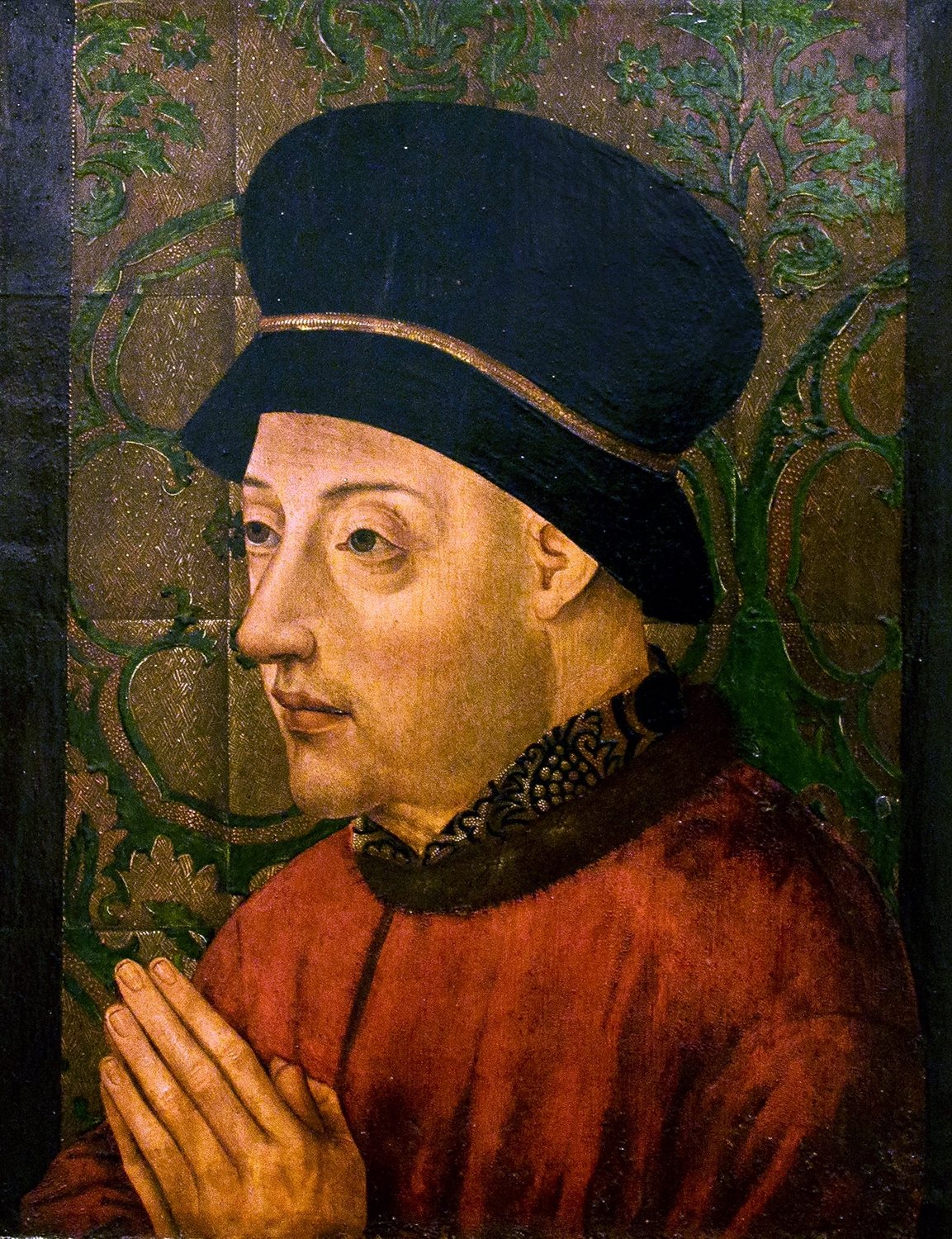 Portret króla Portugalii Jana I w ciemnym nakryciu głowy, ze złożonymi dłońmi