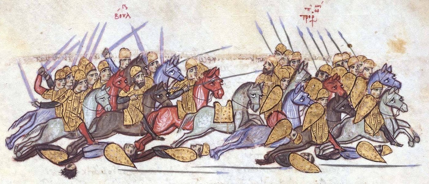 Średniowieczna miniatura szarżujących jeźdźców z kopiami tratujących poległych żołnierzy i tarcze