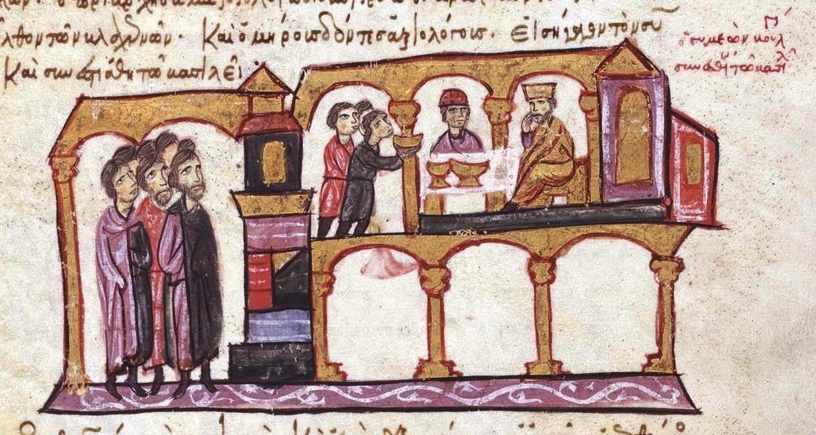 Bizantyjska miniatura cesarza i cara przy stole w pałacu z arkadami, w otoczeniu dworzan