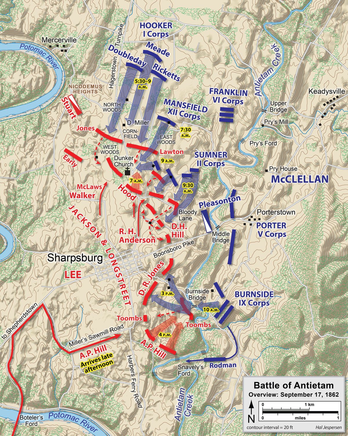 Map of the Antietam battlefield around Sharpsburg with Union and Confederate movements