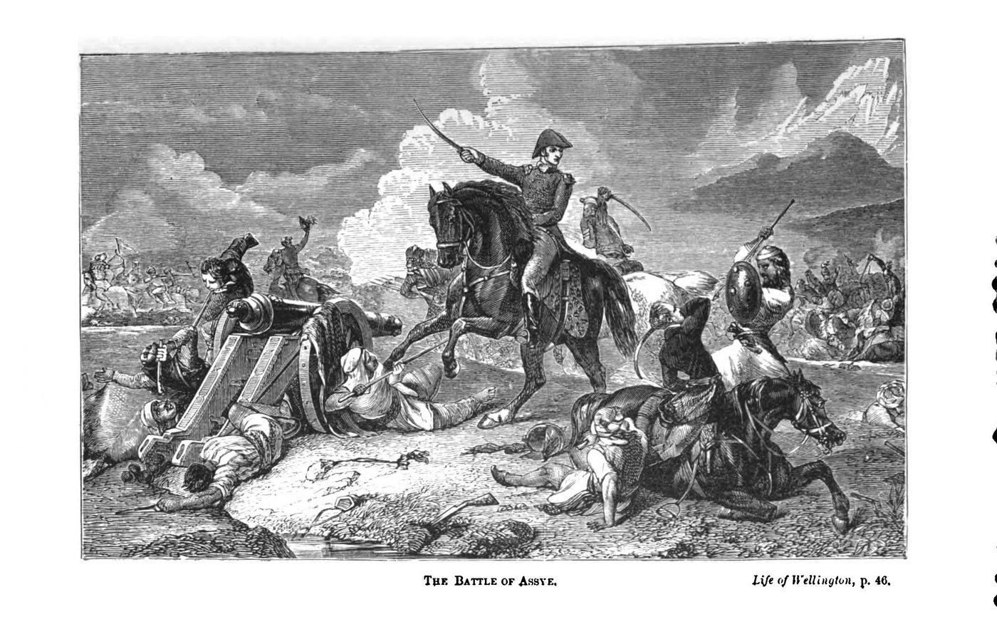 Engraving of an officer on horseback with raised sword charging past a captured cannon amid fighting soldiers