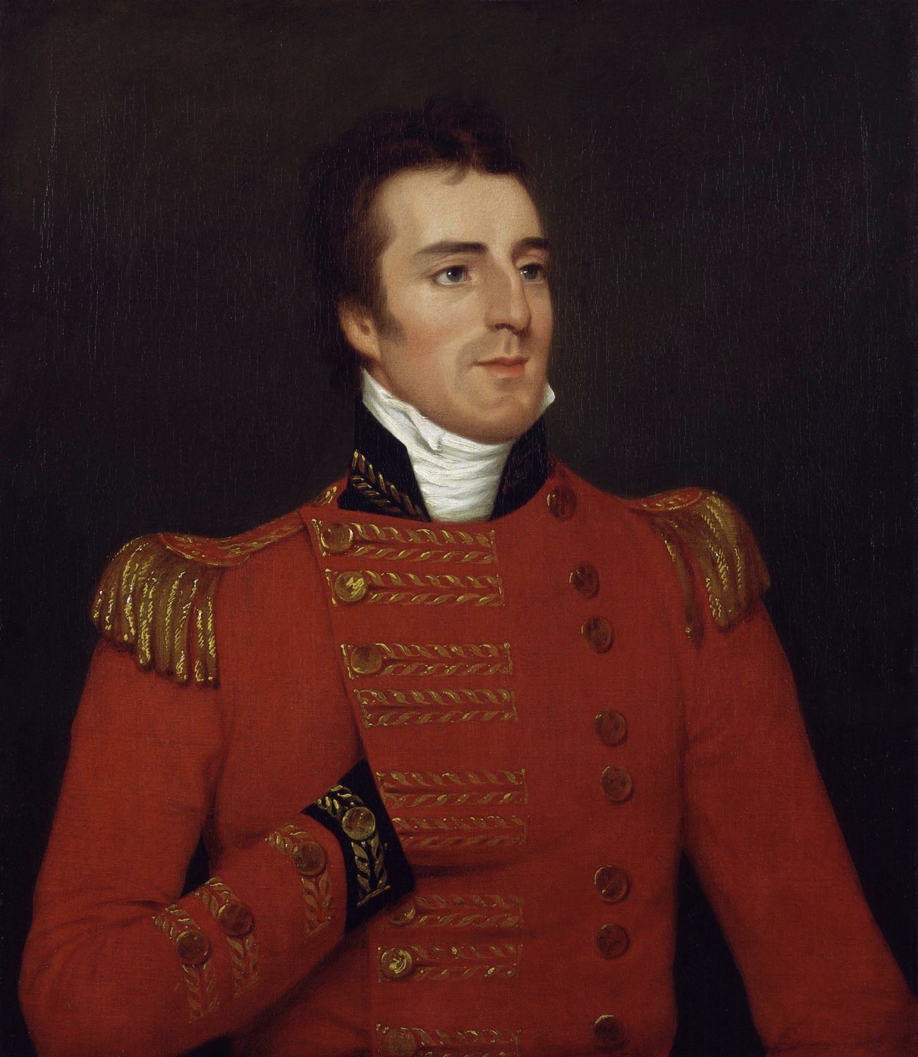 Oil portrait of a young Arthur Wellesley in a red general's coat with gold epaulettes