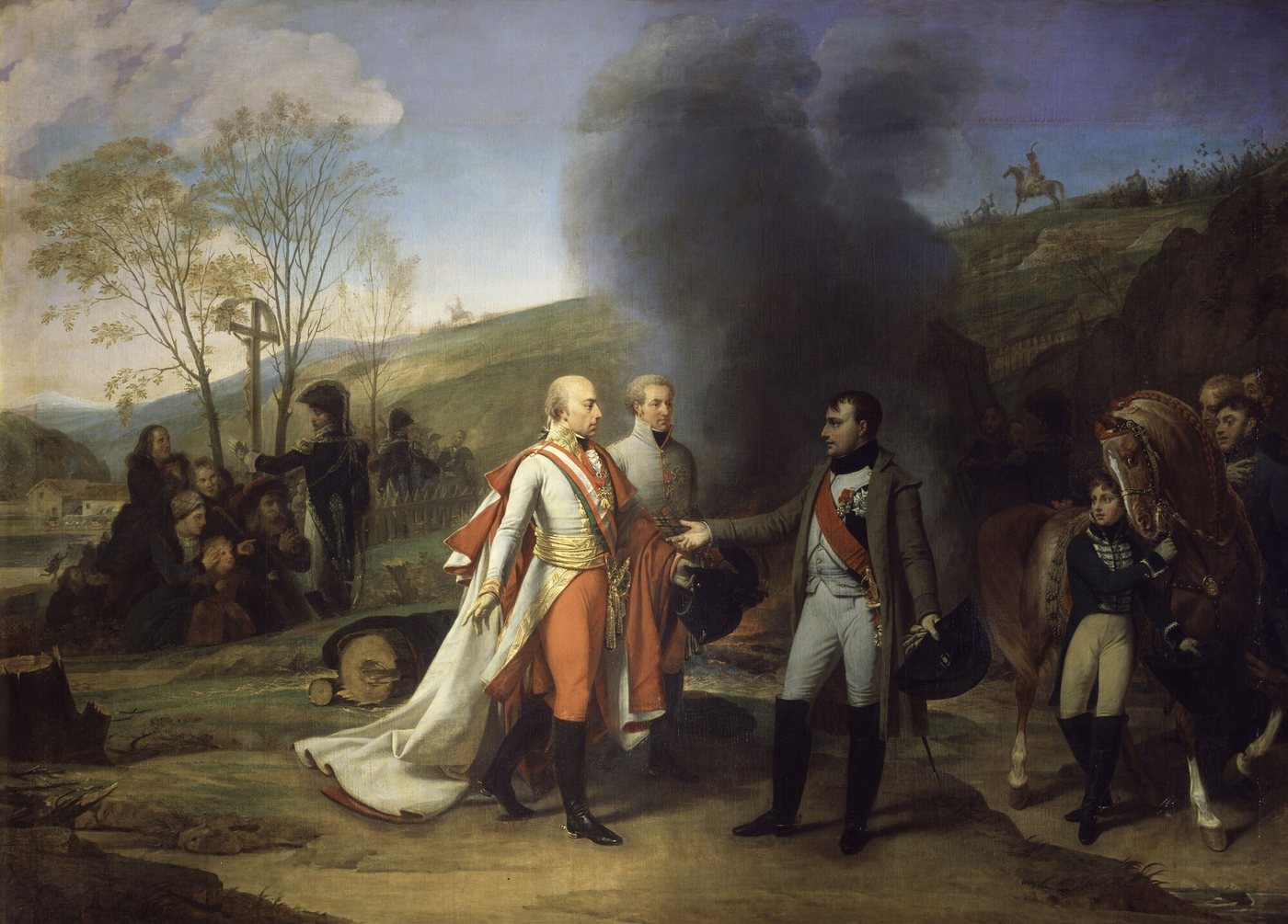 Napoleon greeting Emperor Francis II in a white cloak in the open field