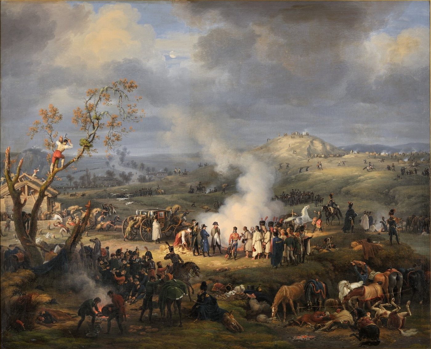 Napoleon and his staff in a battlefield bivouac under a moonlit sky