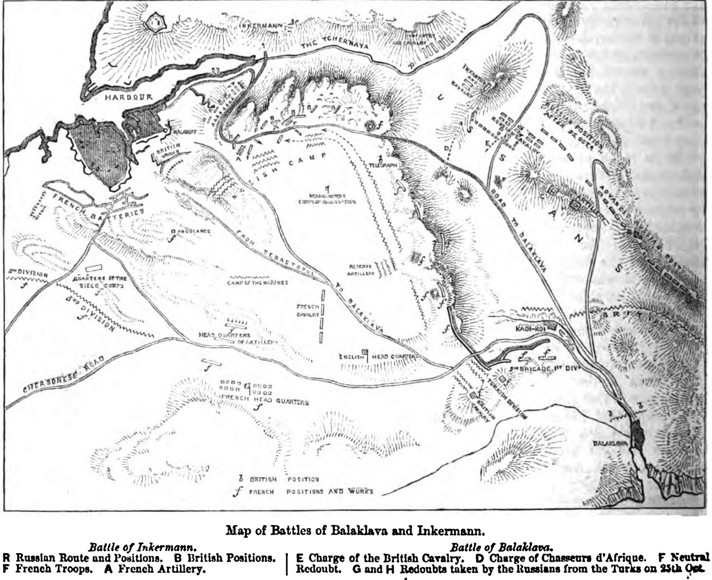 Black and white 19th century map of the country between Sevastopol and Balaclava with redoubts and lettered positions