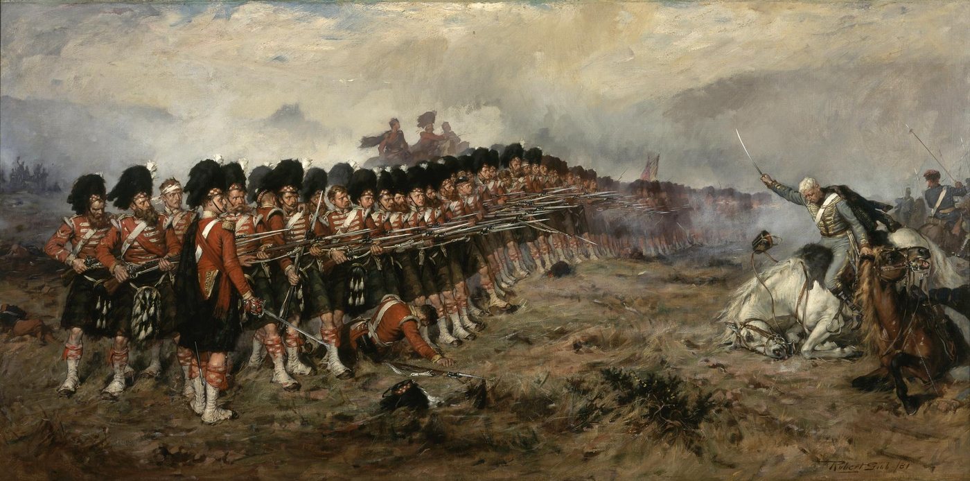 Painting of a line of kilted Highlanders firing their muskets at Russian horsemen, one rider falling with his horse
