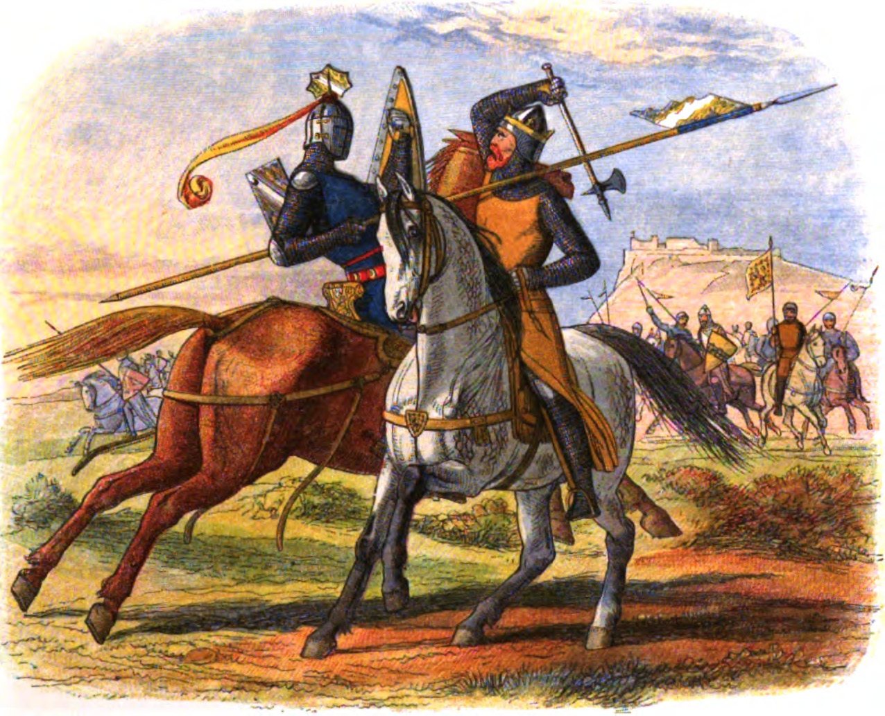 Colour illustration of a knight with a lance charging a mounted king who swings an axe