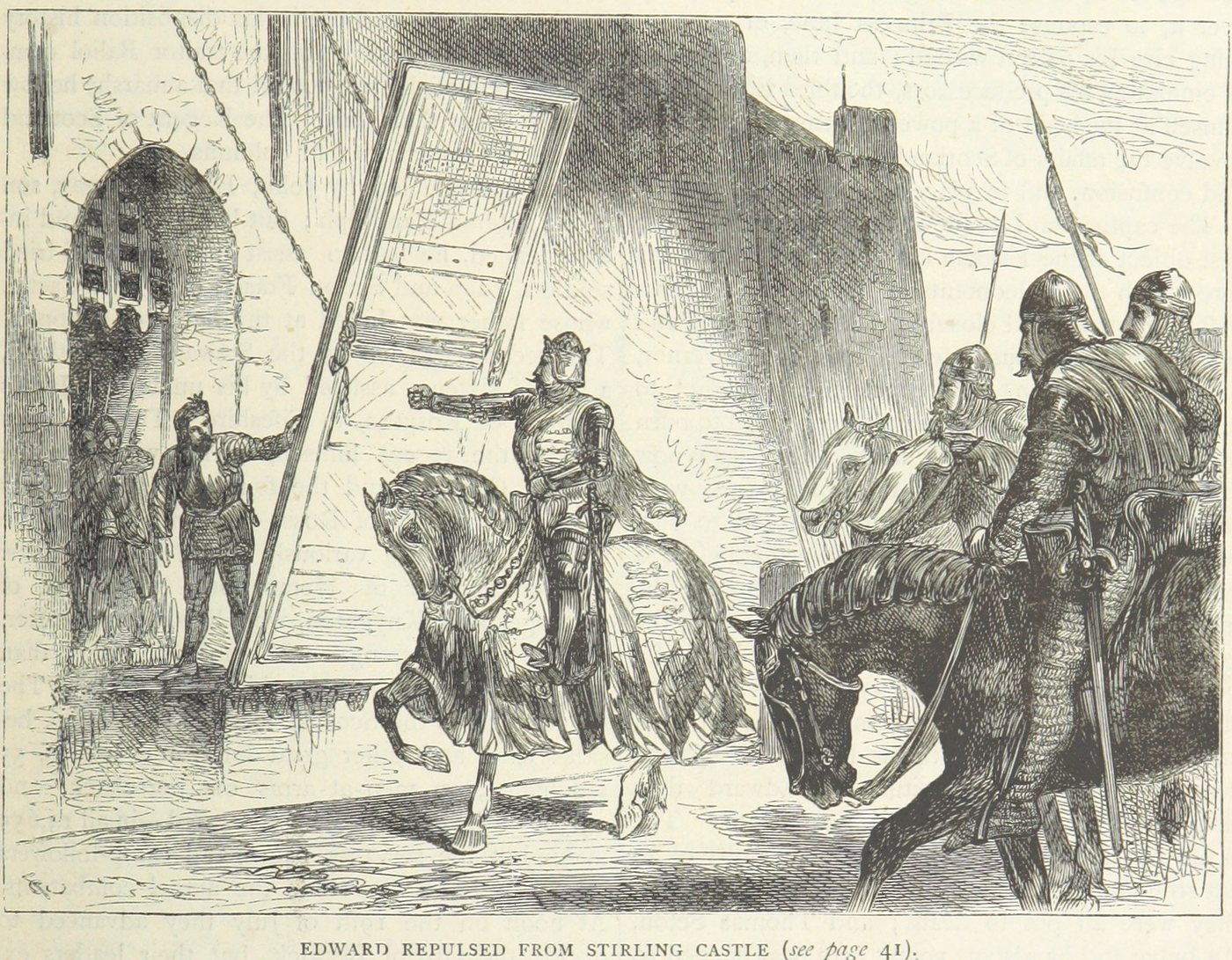 Engraving of a mounted king and his knights turned away at a castle gate