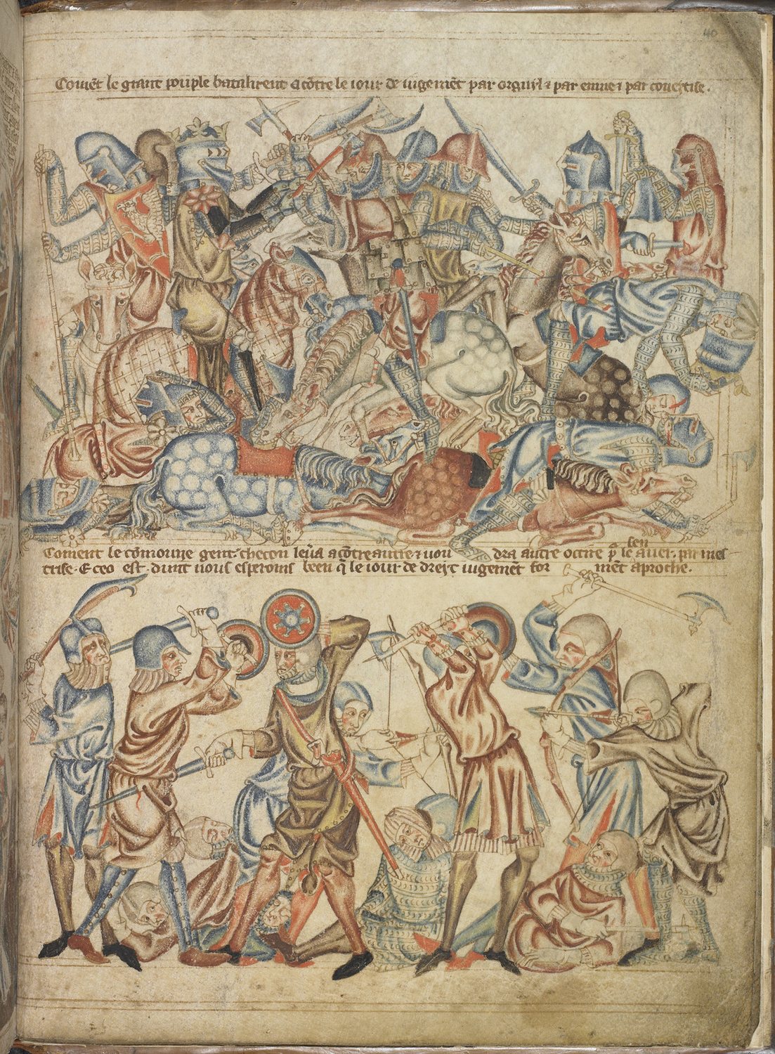Medieval manuscript page with armoured knights fighting on horseback above and men fighting on foot below