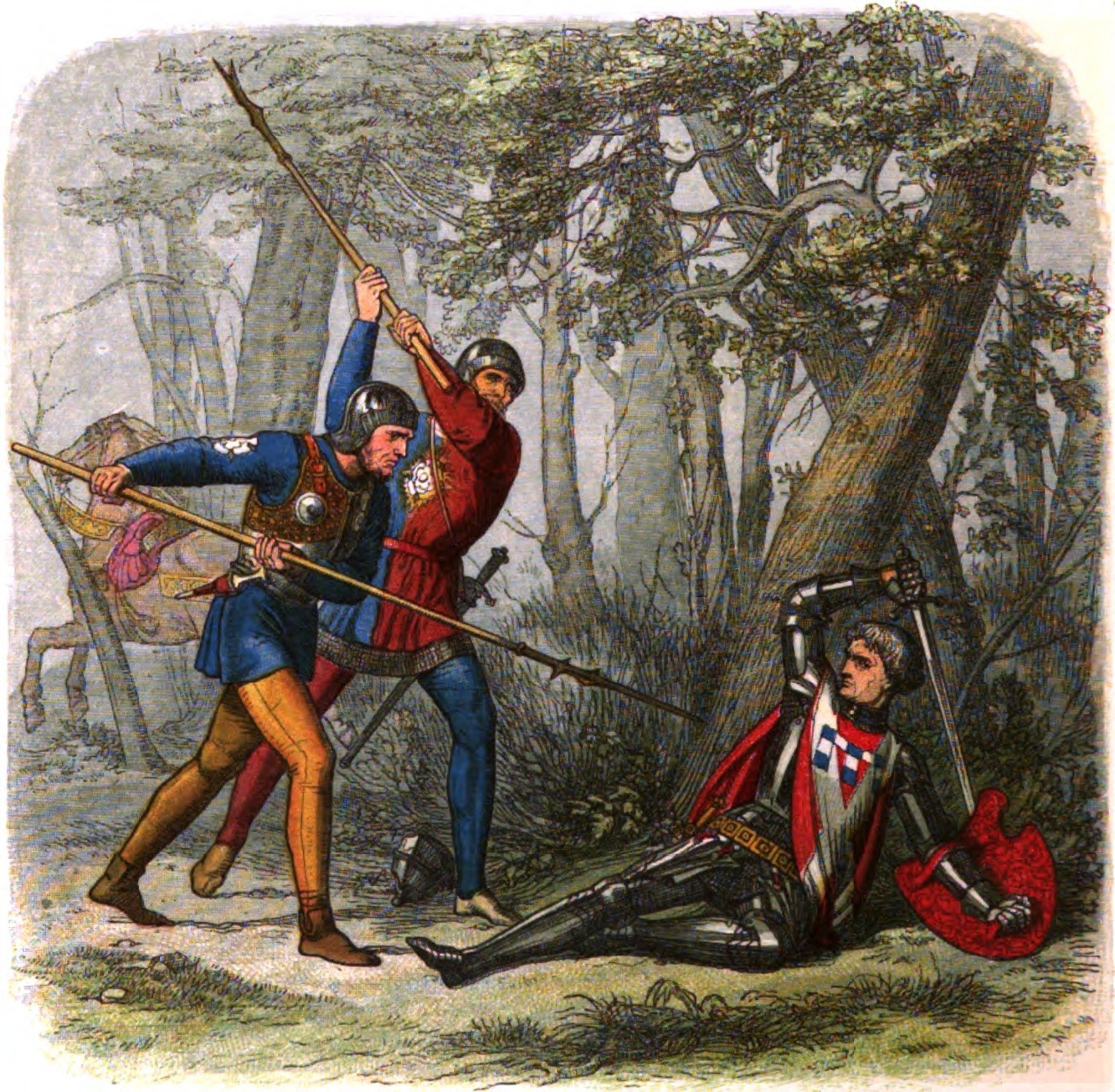 Color wood engraving of a wood: two foot soldiers in blue, red and yellow raise long bills to strike a knight in armor and a red cloak who has fallen against a tree trunk, his sword raised and a red shield beside him, while a riderless horse stands in the trees behind