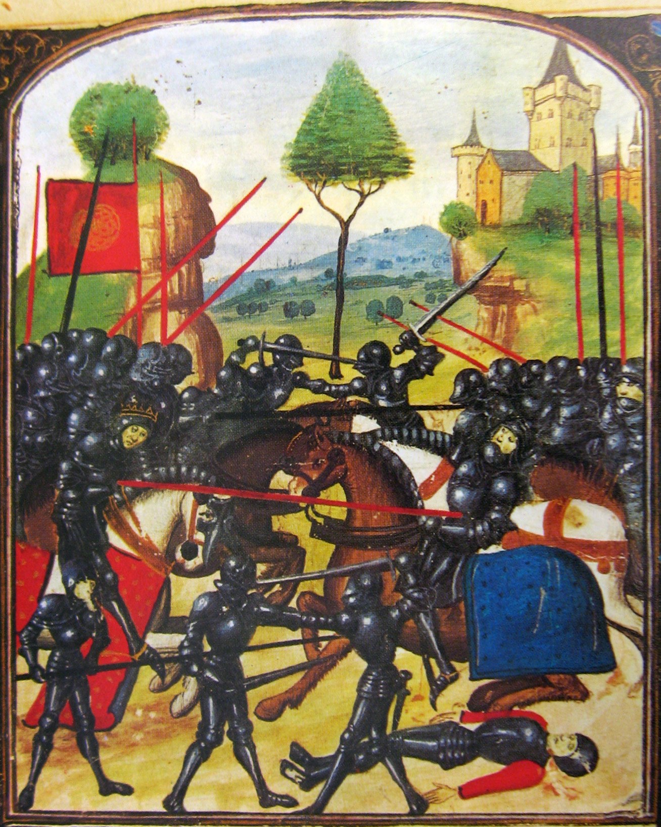 Medieval manuscript painting of a battle: crowds of knights in dark plate armor fight with swords and lances under red banners, a crowned figure on foot stands at left, a mounted knight drives a lance through a rider on a horse with a blue caparison, and fallen men lie in the foreground below a castle on a hill