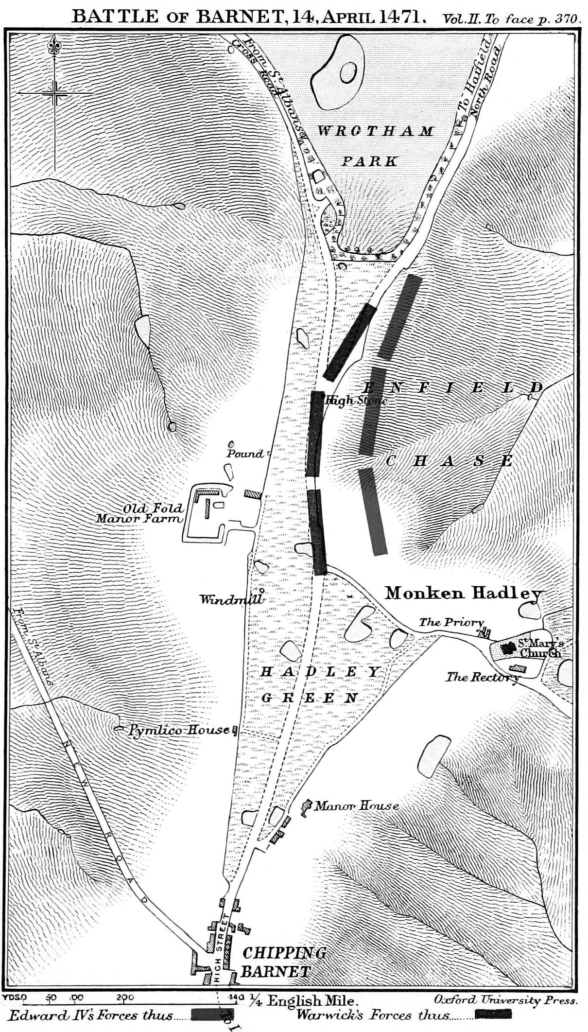 Black and white engraved map of the country north of Chipping Barnet, with hatched hills, Hadley Green, Monken Hadley church, Wrotham Park and Enfield Chase, and two parallel rows of dark bars between the roads marking the lines of Edward IV and Warwick
