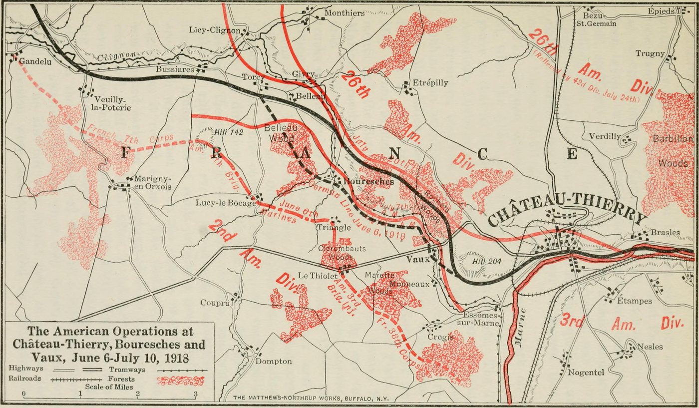 1919 map of the Château-Thierry sector showing American division positions and Belleau Wood