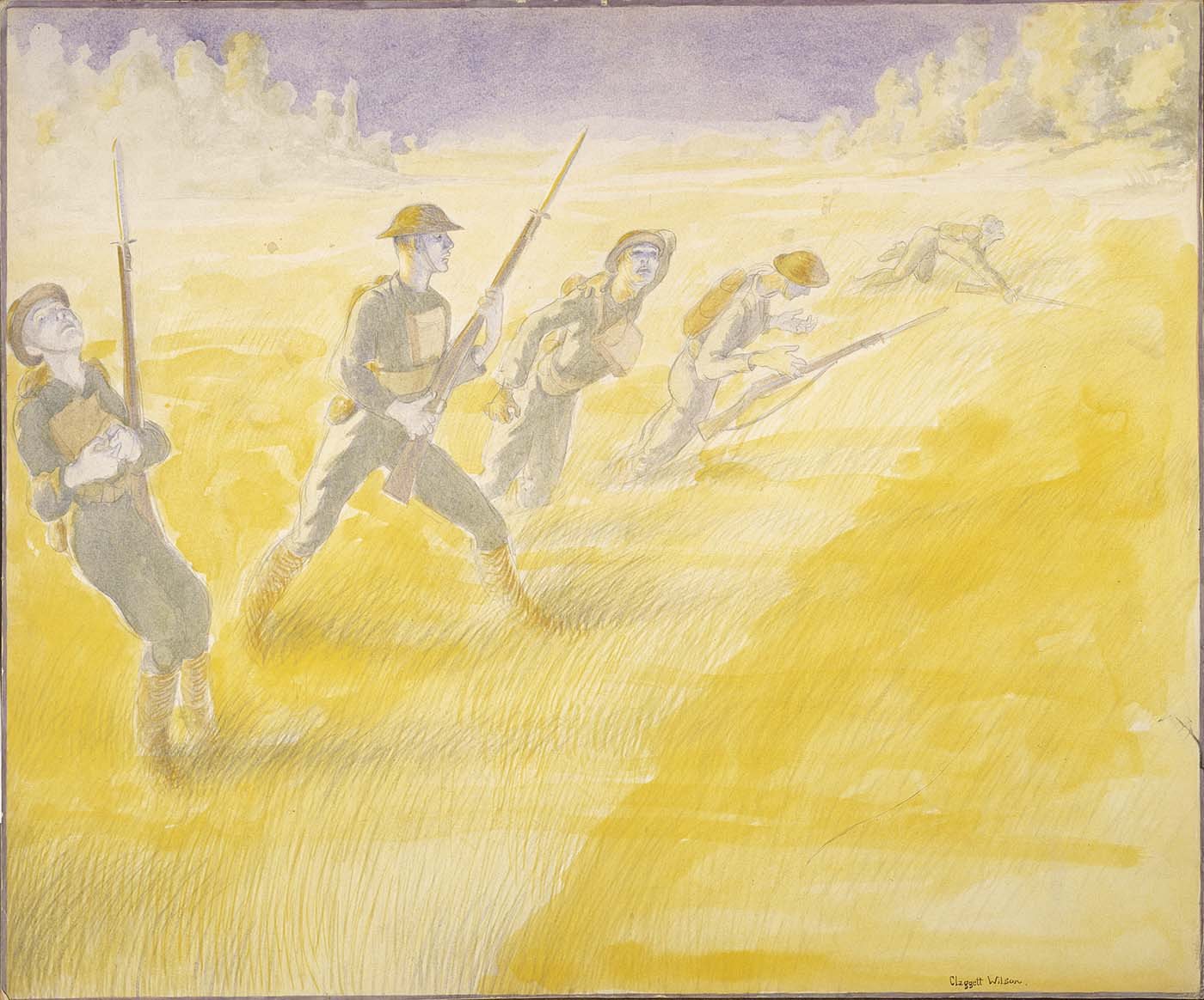 Watercolour of Marines with fixed bayonets advancing across a yellow wheat field