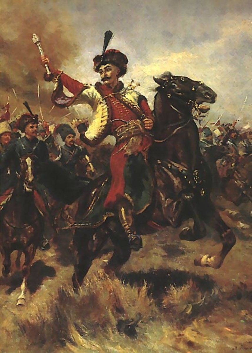 Painting of a Cossack commander on horseback raising a mace amid smoke and riders